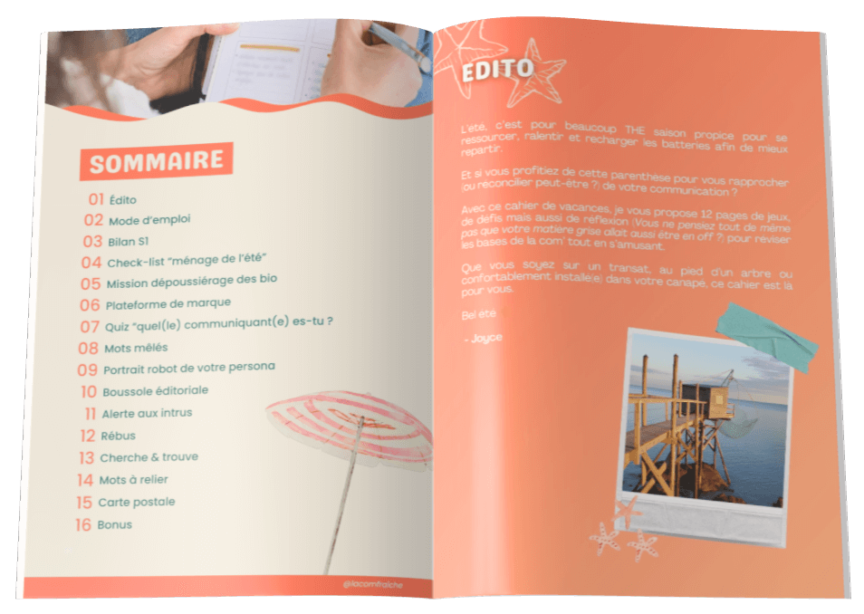 Cahier de vacances ouvert La com' fraîche